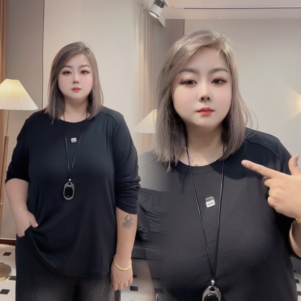 大码秋季胖mm长袖极简风女拼接圆领修身型T恤打底衫女款运动纯色