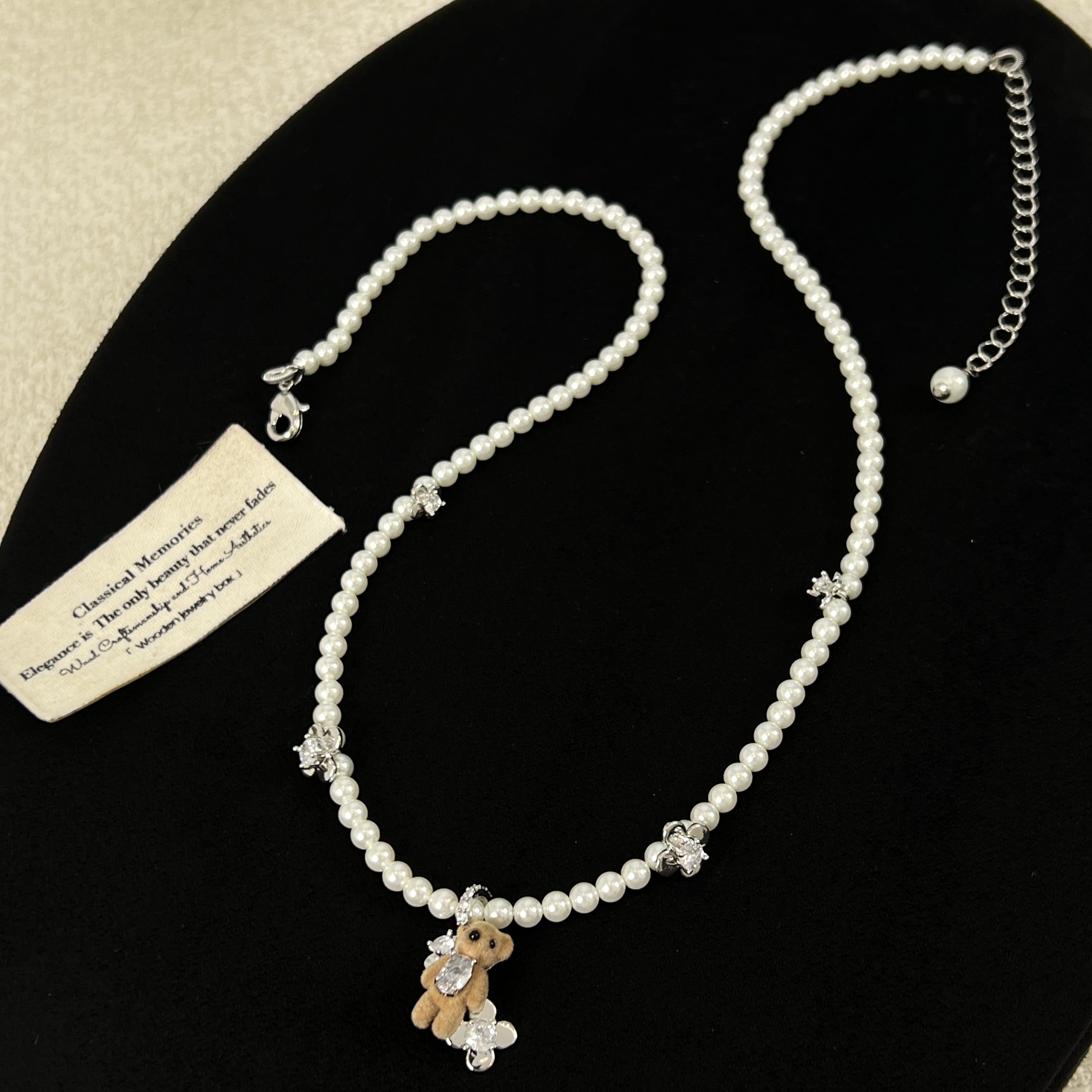 铜合金锆石项链 【小熊伴花】小熊珠珠花朵设计感项链1200