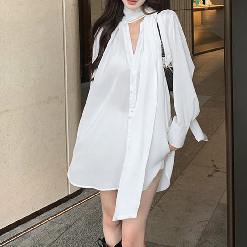 白色V领飘带衬衫裙女春季长袖设计感小众宽松中长款上衣