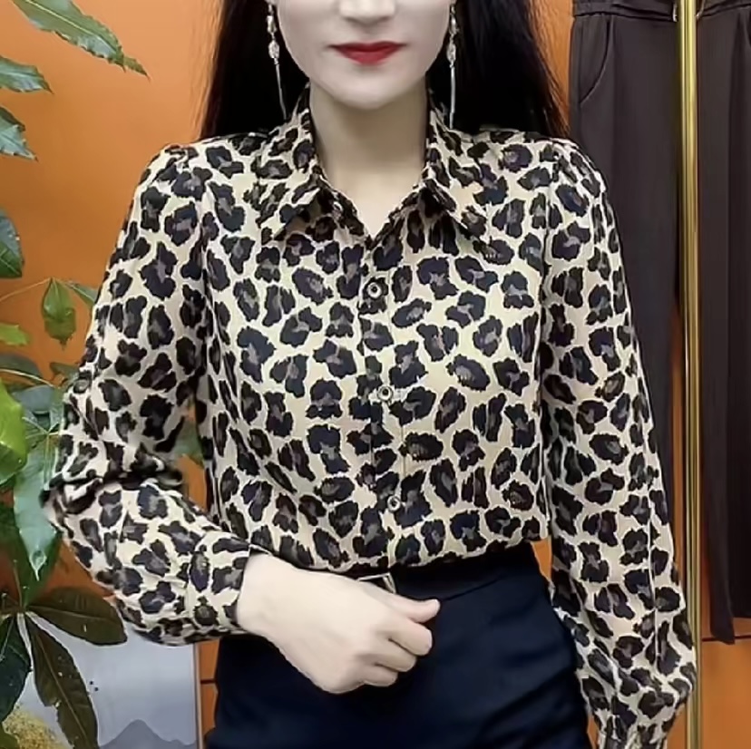 春秋新款百搭长袖女士豹纹衬衫修身气质衬衣高质感开衫上衣女小衫