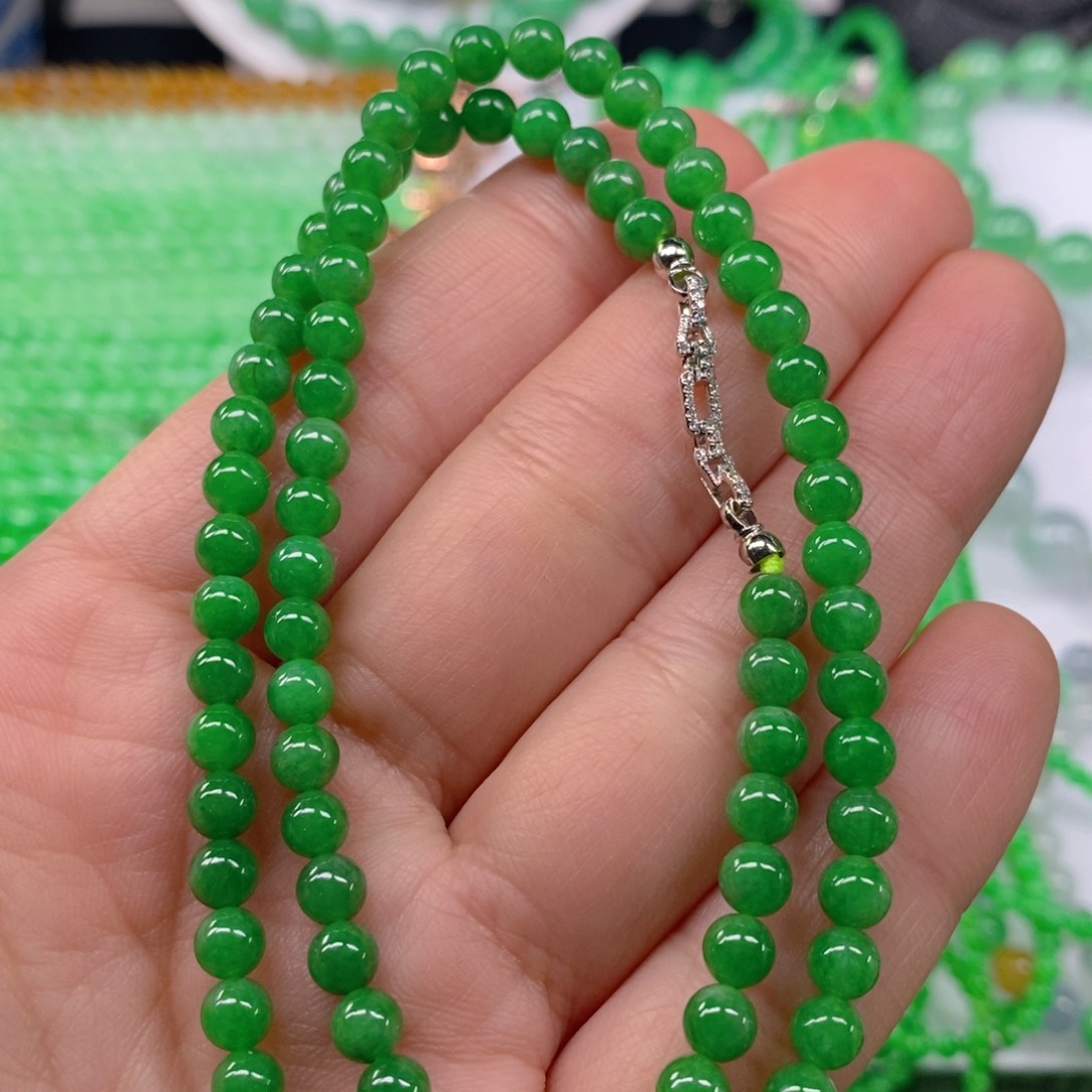 翡翠颈饰未镶嵌冰种浓阳绿圆珠锁骨链5m' m