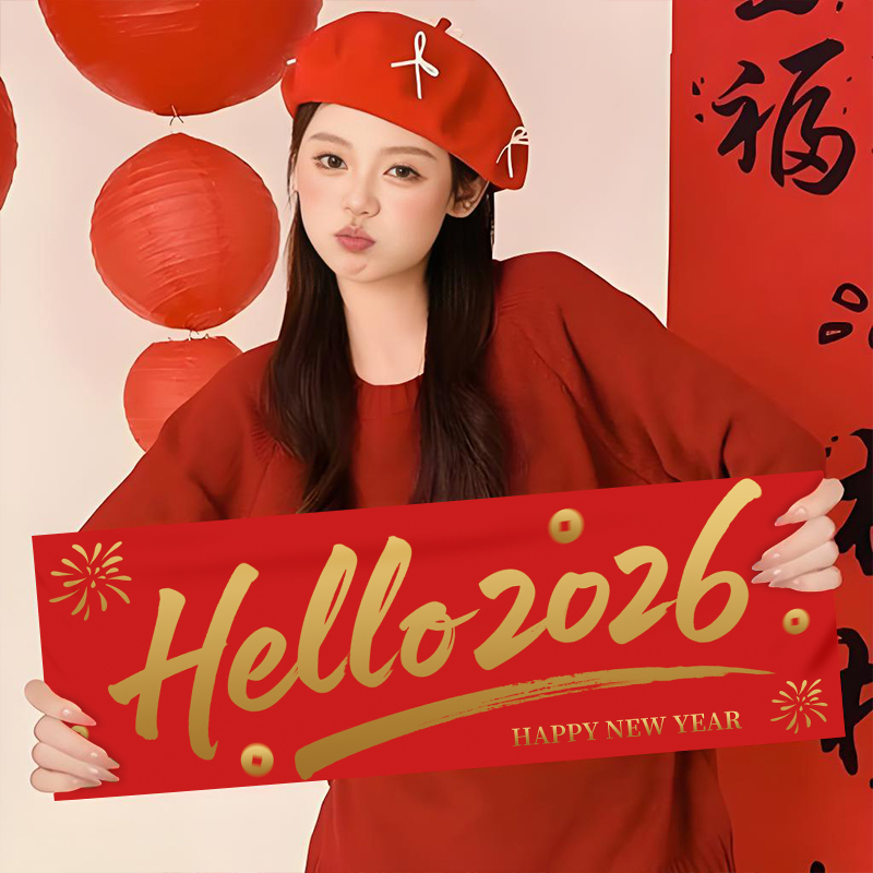 2026马年春节装饰用品元旦跨年写真照拍照道具新年快乐手持小横幅