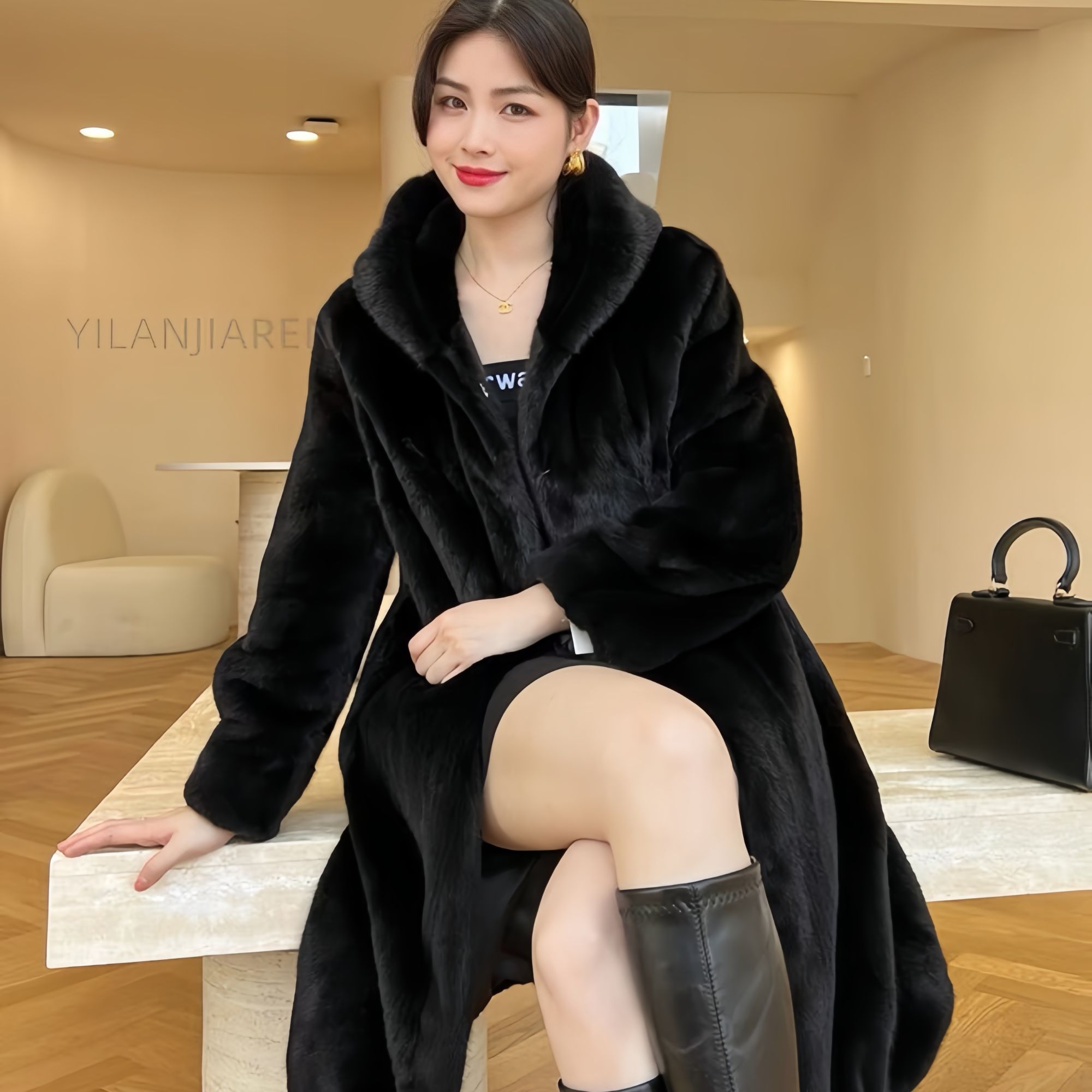 【金标正版反季清】海宁连帽米兰貂110厘米高端毛皮大衣气质冬外套