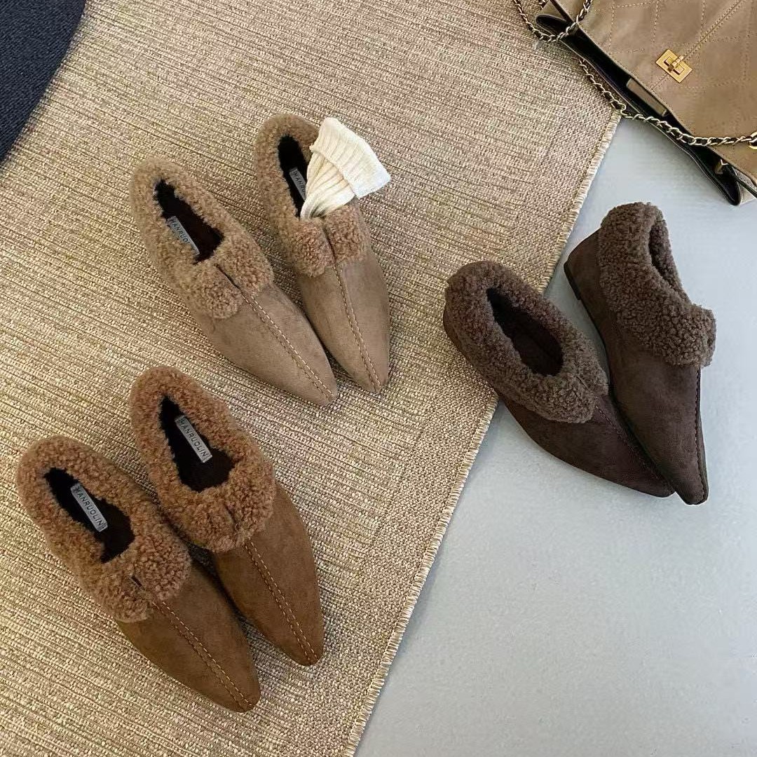 C686-6新款绒面尖头单鞋女2025秋冬新款时尚保暖羊羔毛毛鞋棉单鞋