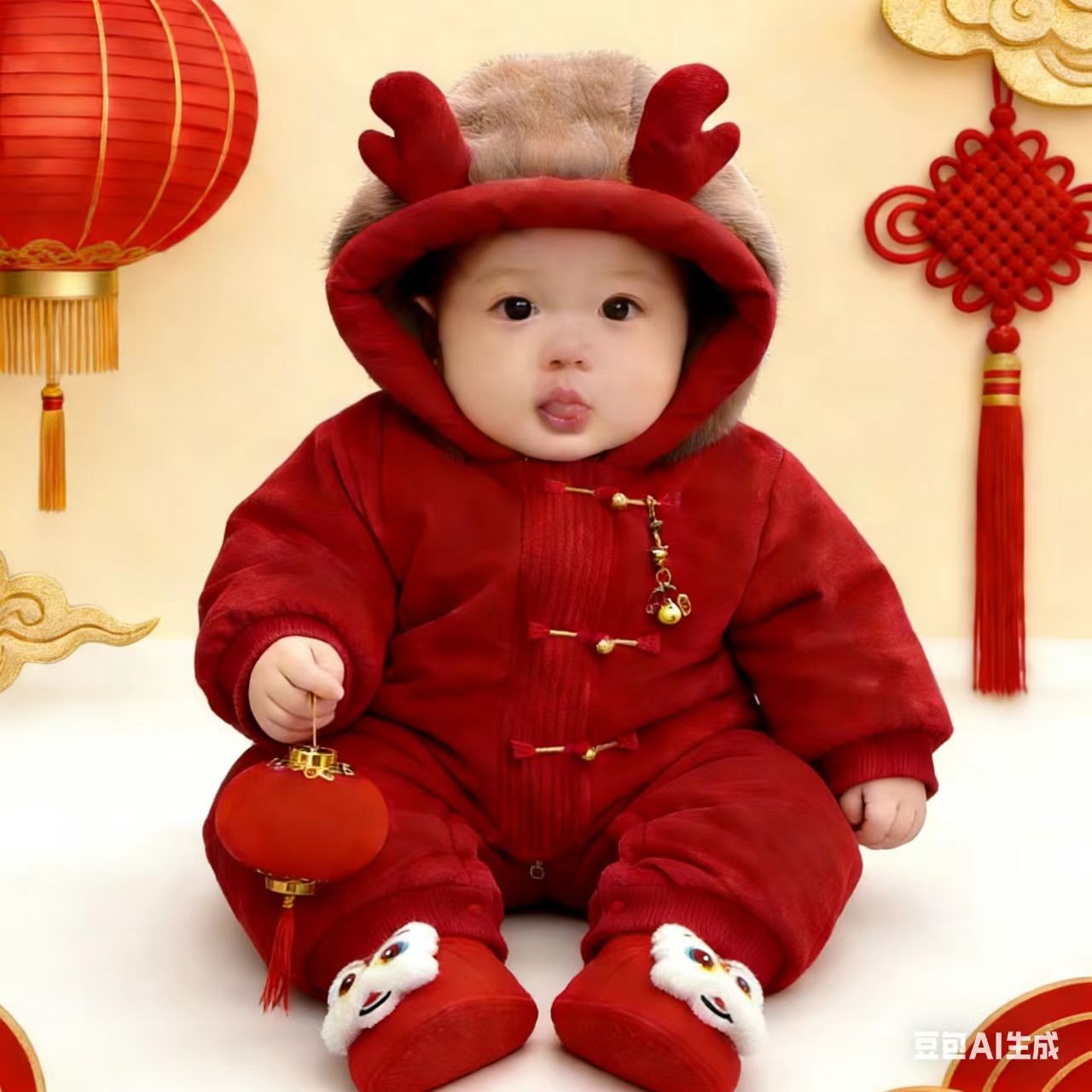 婴幼儿可爱宝宝外出服装新年款式拜年绒帽龙角棉哈衣