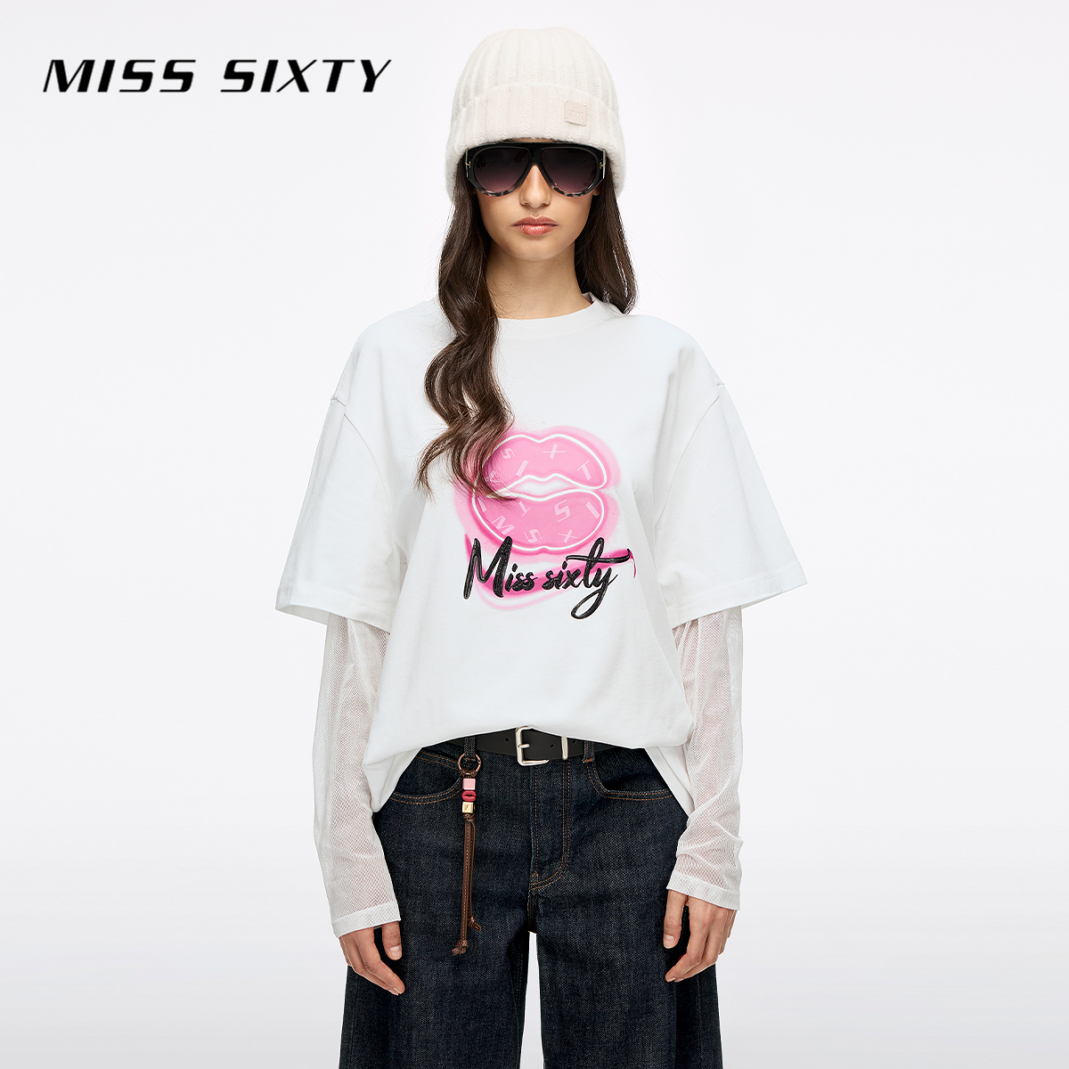 Miss Sixty2025秋季新款T恤女撞色唇印假两件圆领宽松长袖休闲风