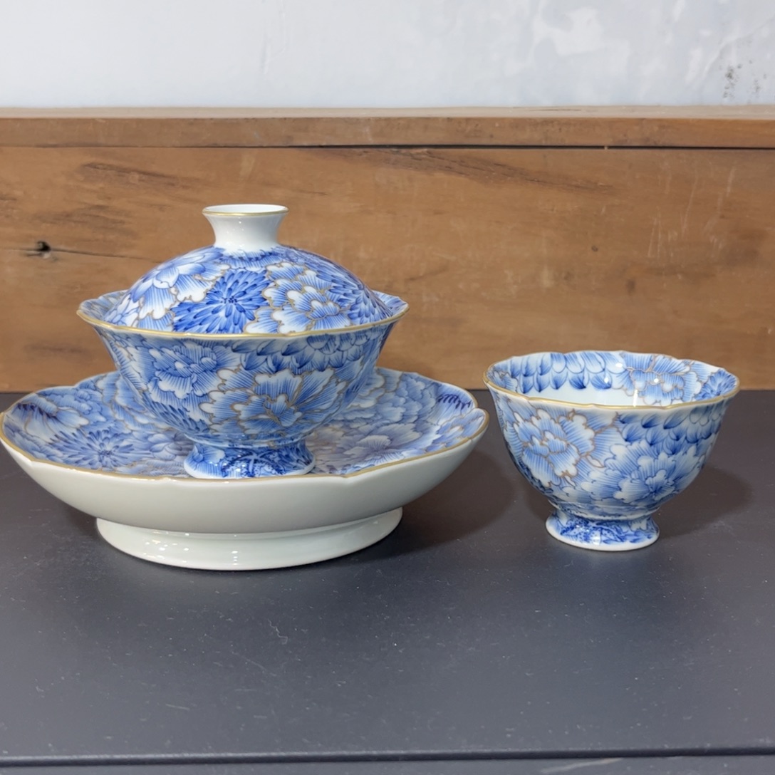 杯青花描金万花三件套 可拆分