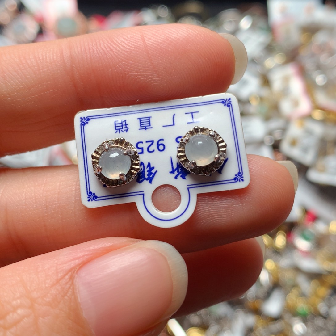 翡翠戒指银S925镶嵌天然翡翠耳饰