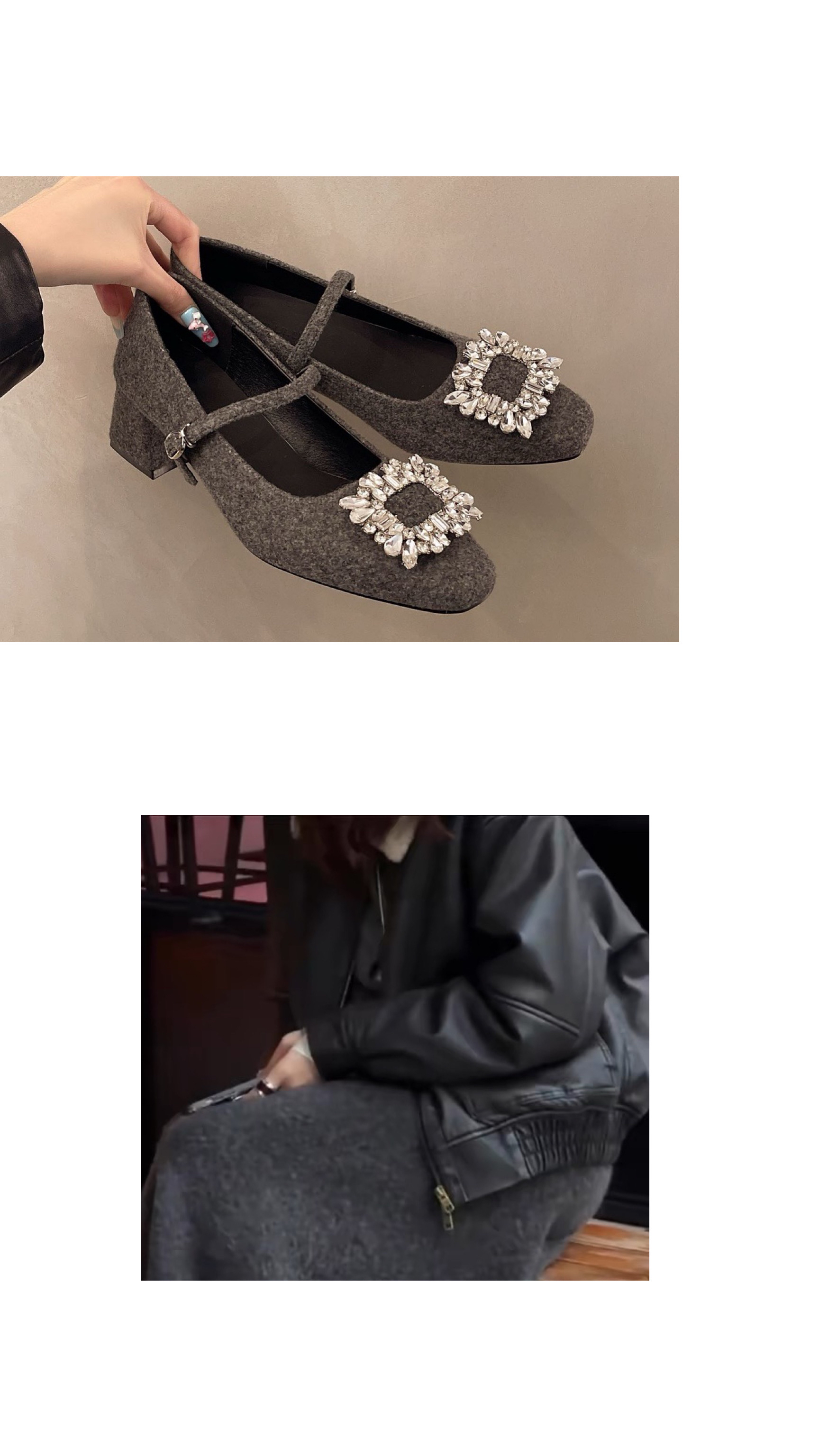 2025春季新品欧洲站赫本灰玛丽珍水钻饰扣单鞋