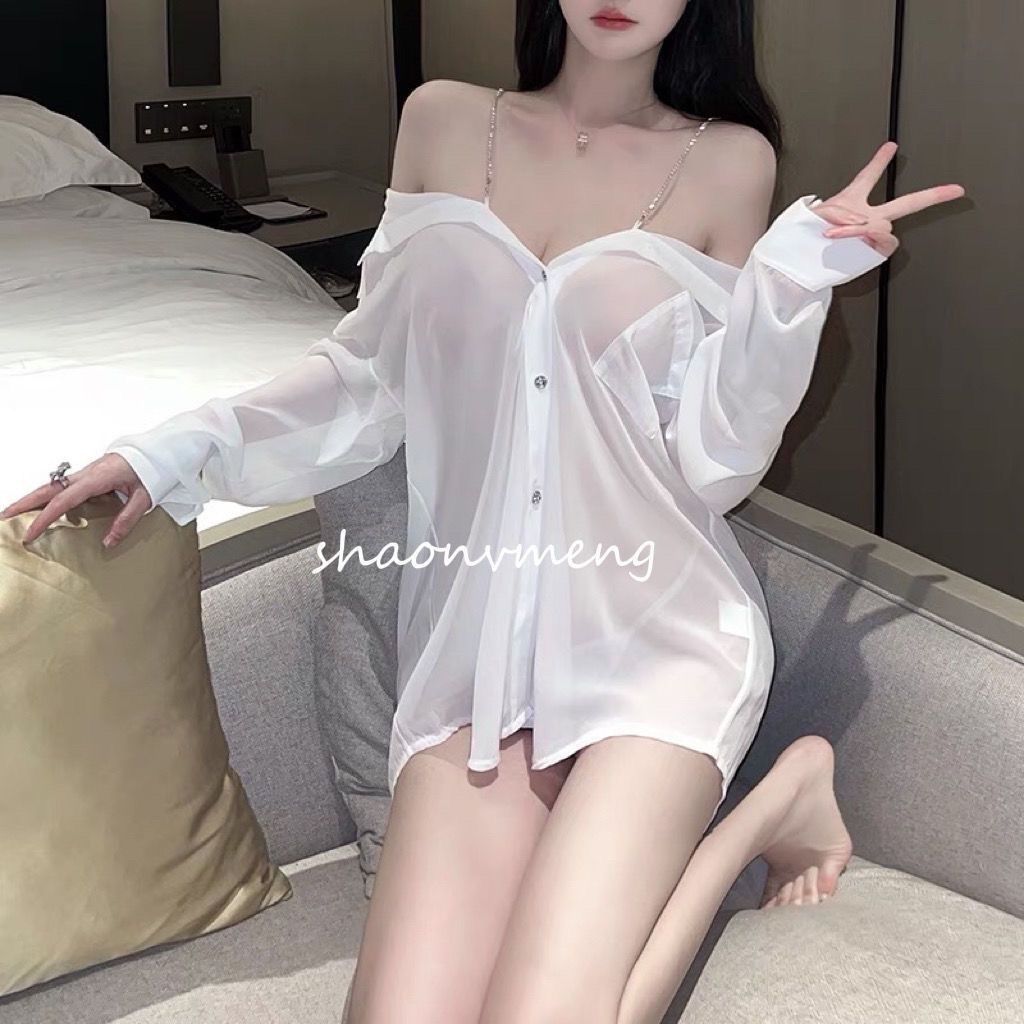 链条吊带露肩衬衫女纯欲宽松胖MM性感显瘦微透裙两穿吊带睡衣