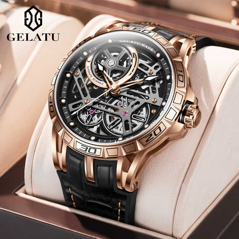 格拉图「轮毂」夜光镂空手表男士防水简约真皮带全自动机械商务腕表