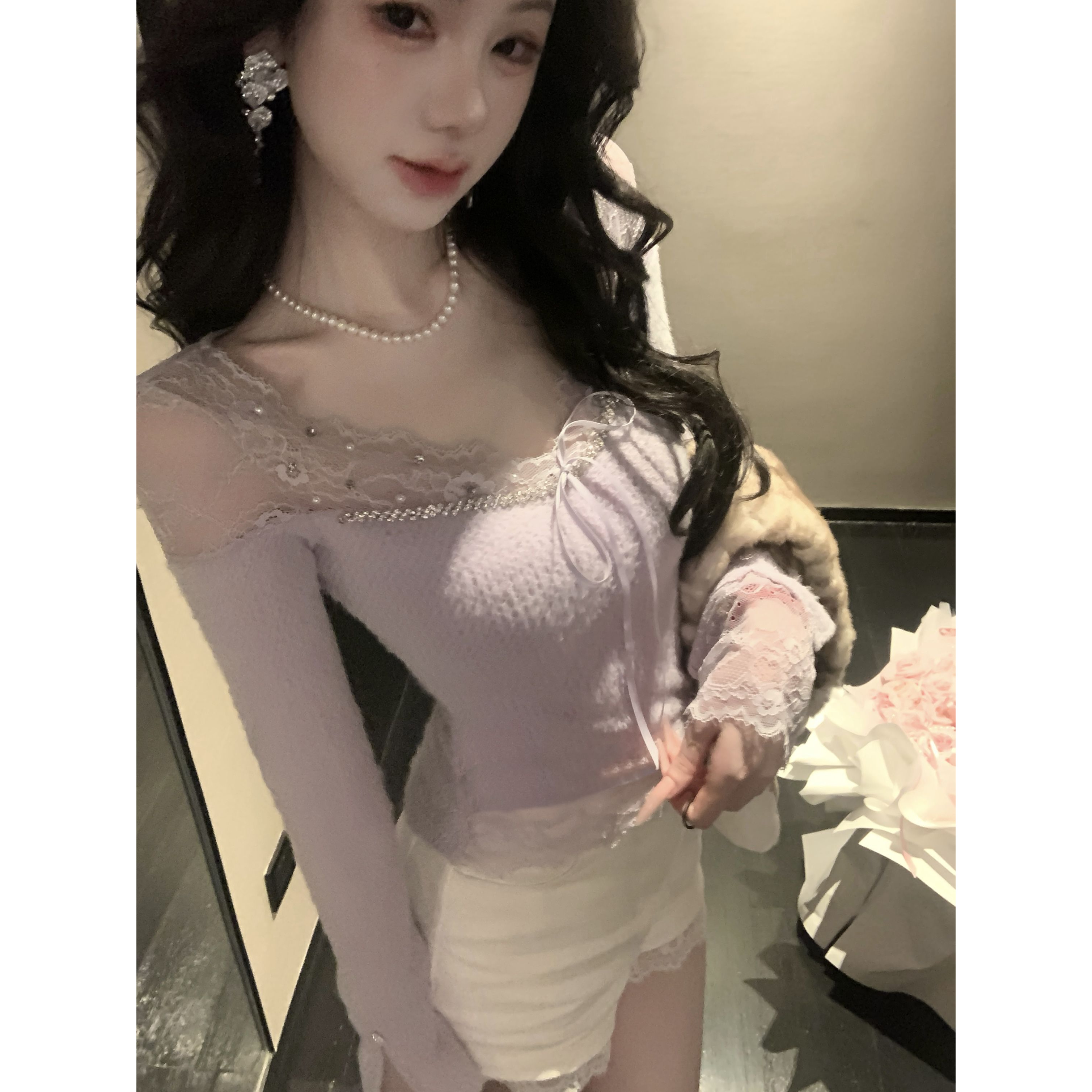 【雅乔定制】柔柔奶芙 蕾丝拼接打底上衣女长袖DYCC-25088329