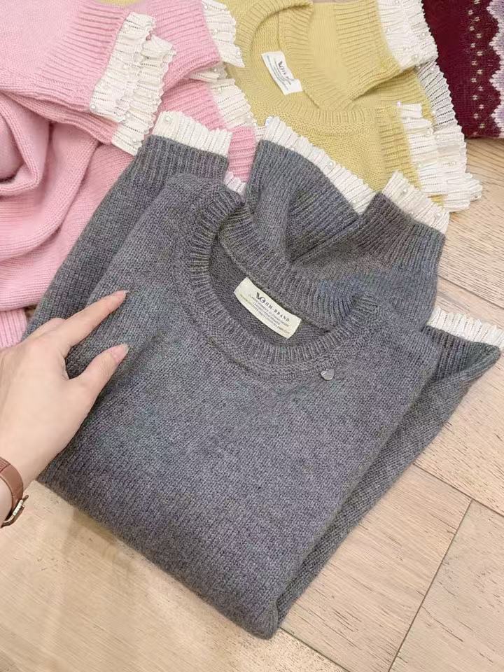 七言家 蕾丝袖！云雨灰金属标圆领毛衣
