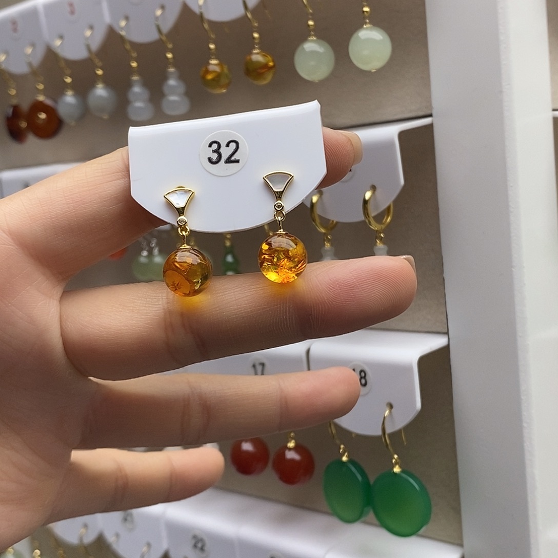 琥珀银S925镶嵌耳饰