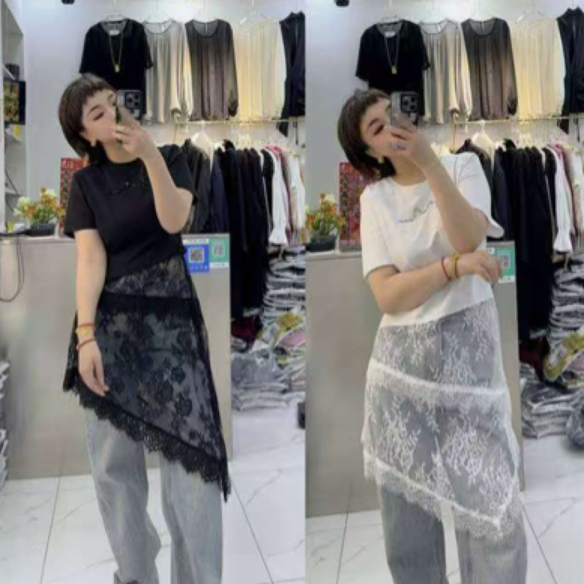 欧货蕾丝短袖中长款拼接宽松型T恤显瘦百搭