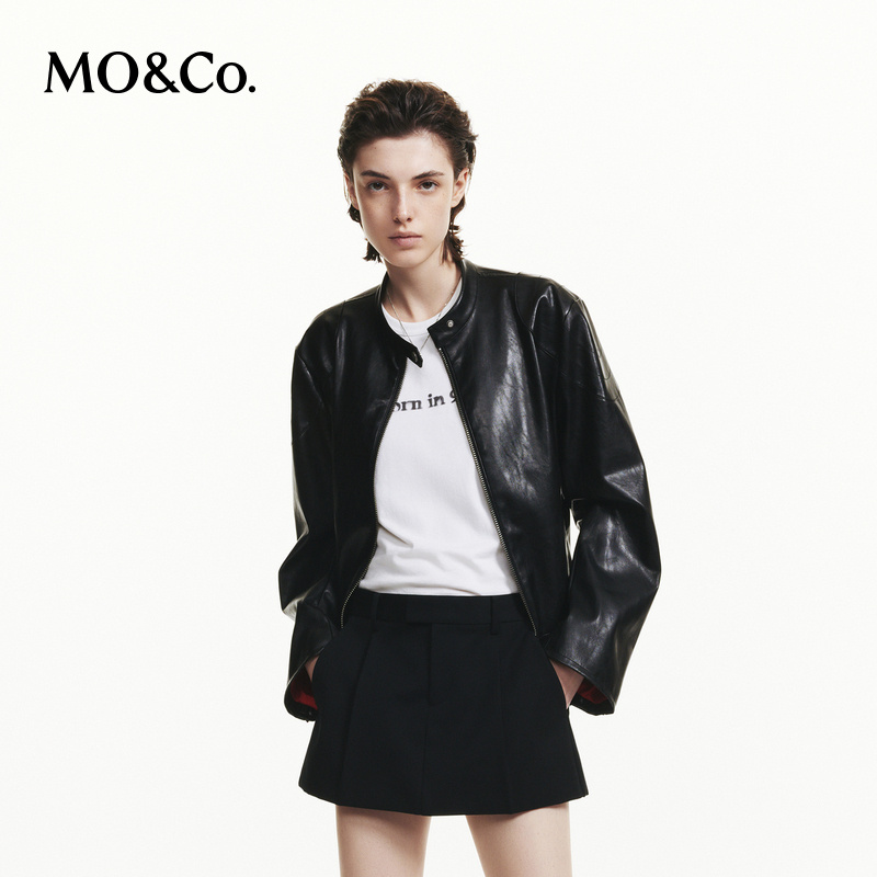 【诗语专属】MOCO秋PU素皮立领短款皮衣皮夹克外套MBD3JKTT12