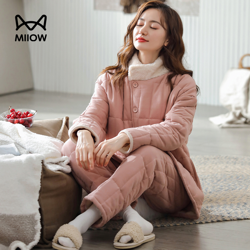 MiiOW/猫人时尚加厚保暖家居服大码女士睡衣家居服套装宽松女