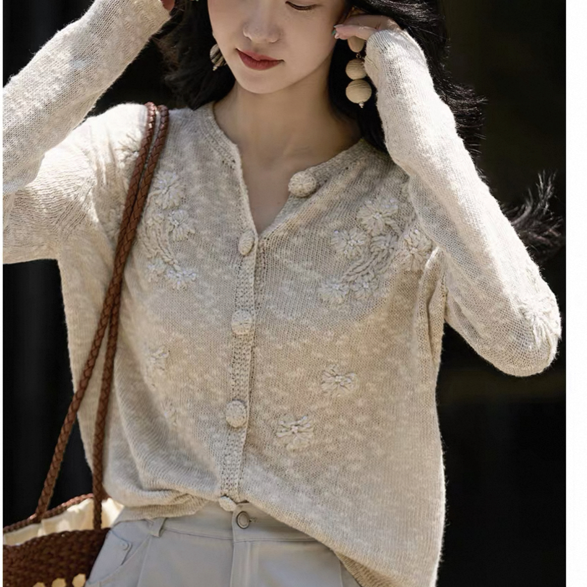 秋季常规款毛针织衫针织圆领小香风短款温柔包袖薄款