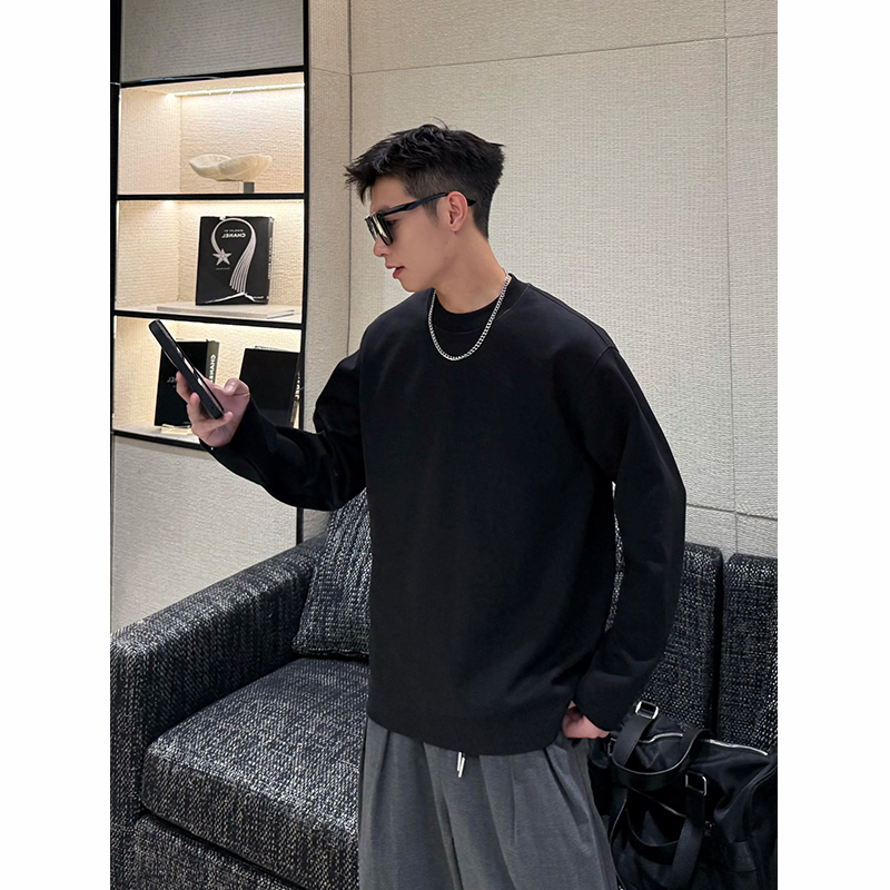【时尚起易】秋季简约百搭纯色休闲圆领宽松百搭长袖纯棉打底衫T恤