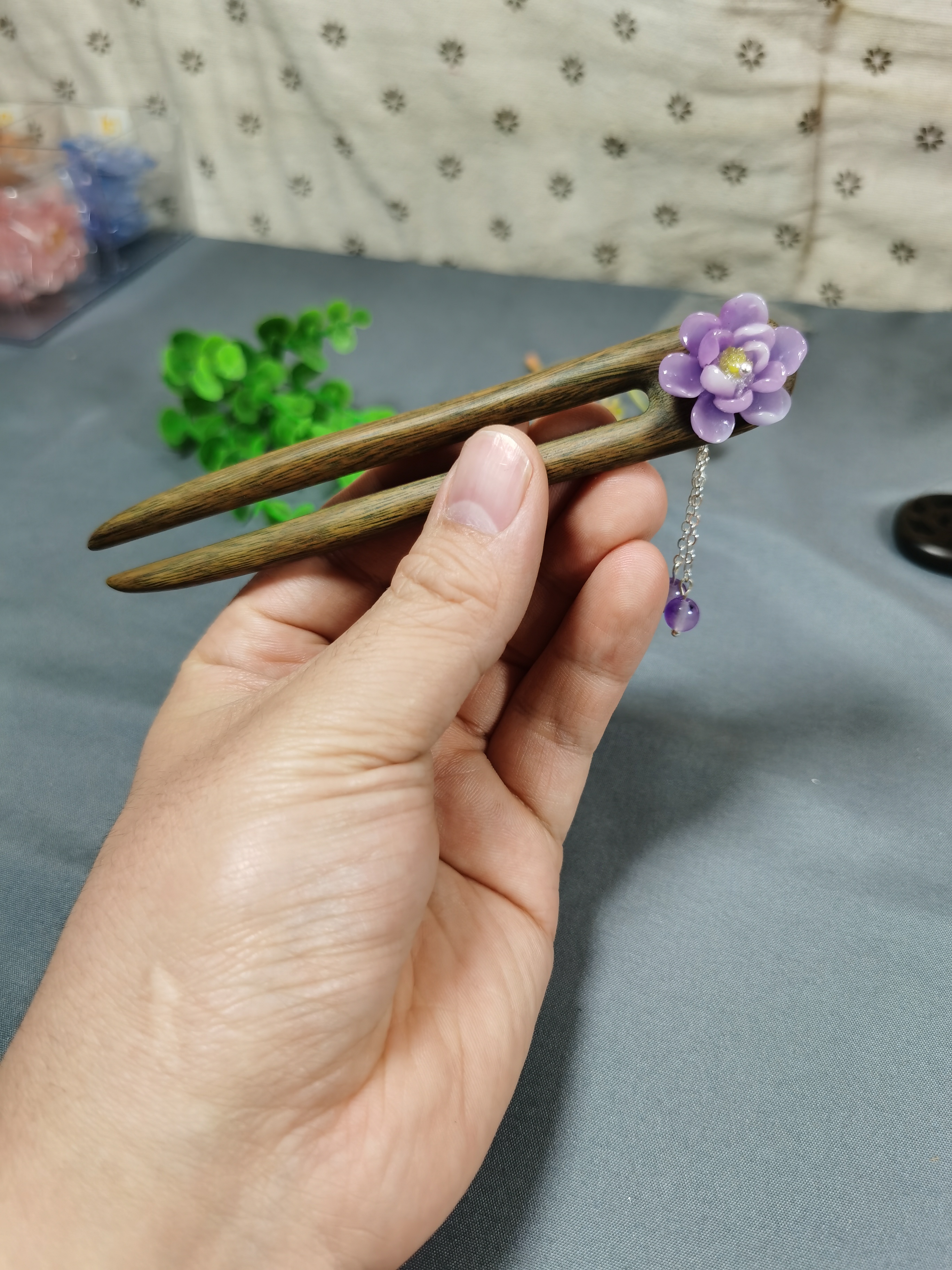 13厘米绿檀木发钗新中式发簪古风簪子盘发簪古装配饰头饰发饰山茶