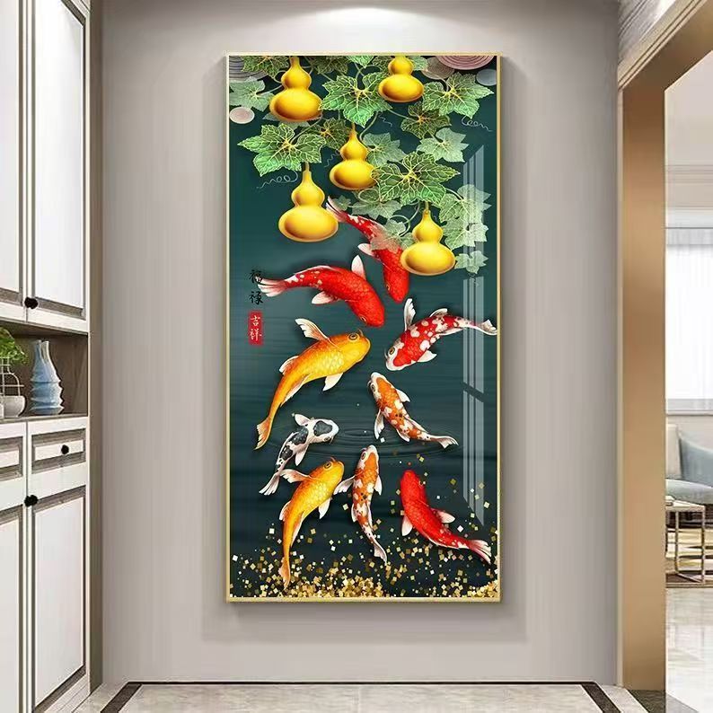 新款九鱼图葫芦图简约风格玄关入户走廊过道装饰画挂画壁画客厅