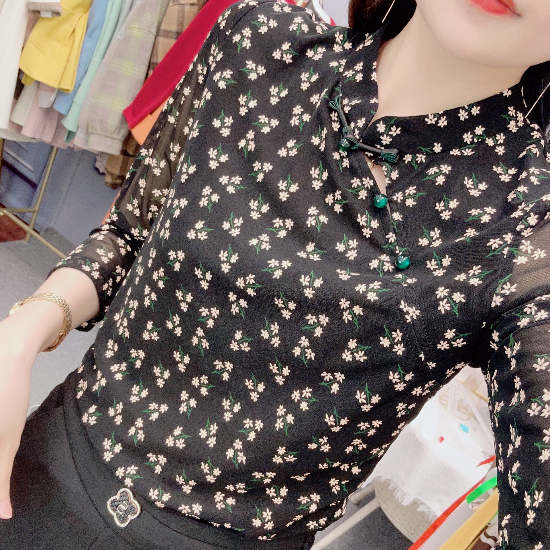 春秋汉派时尚气质百搭碎花网纱高弹印花套头盘扣长袖打底