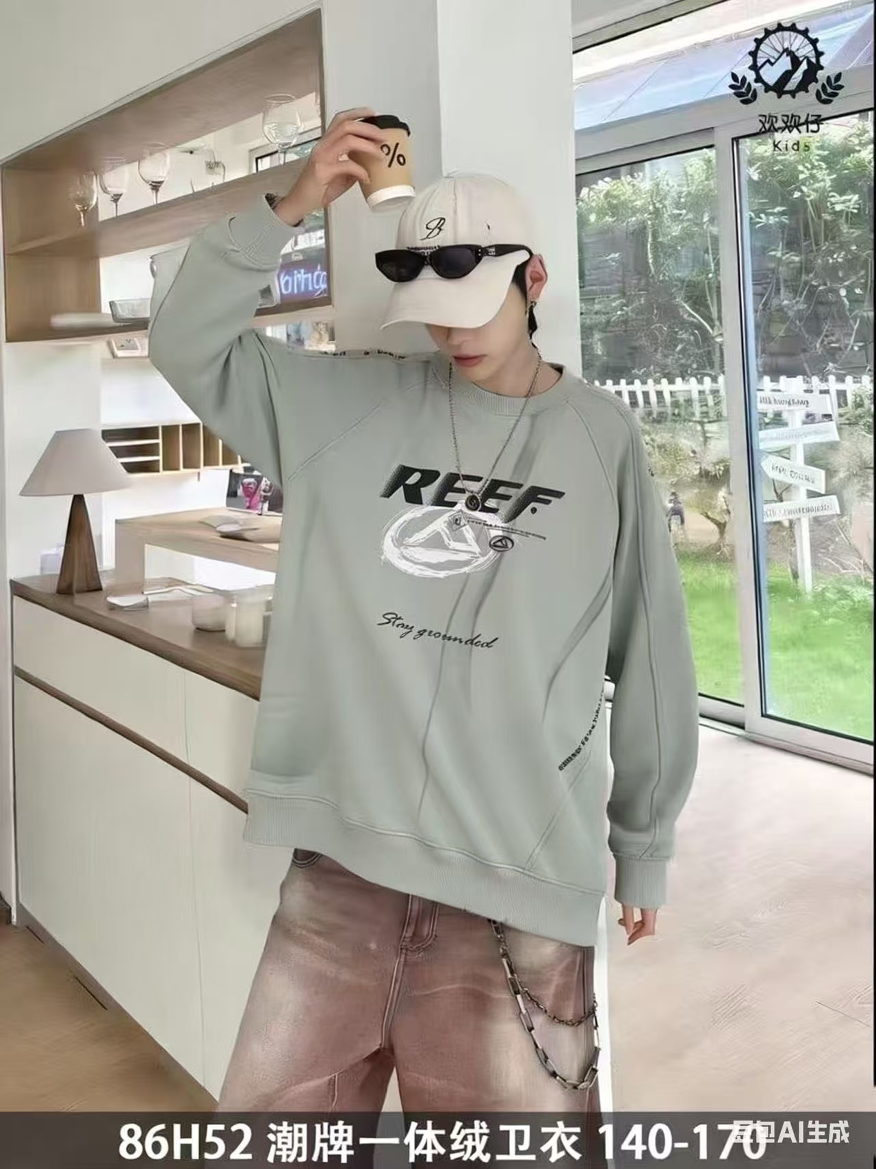 1701 豆绿色 青少年潮牌冬季加绒卫衣