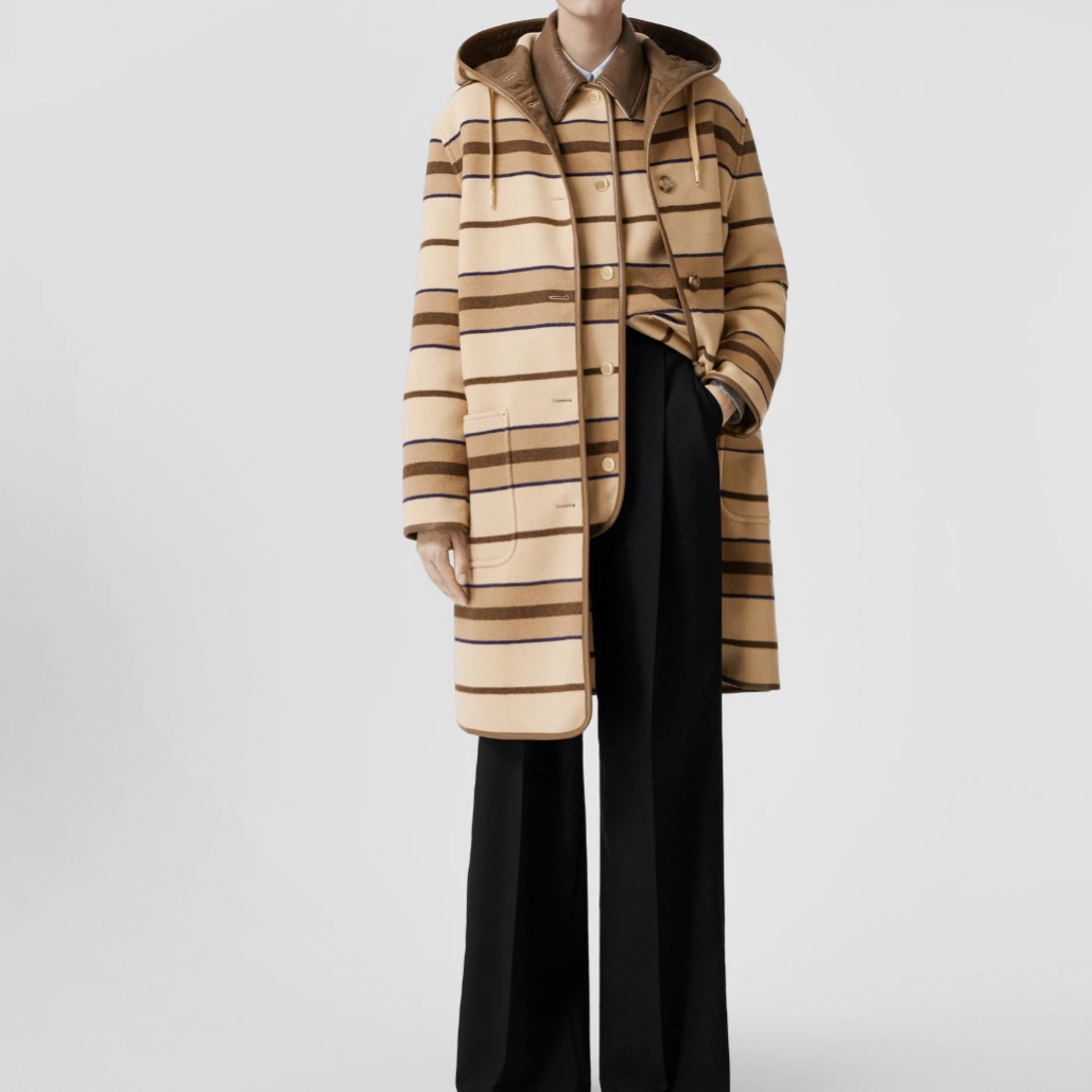 99新 BURBERRY/博柏利 条纹连帽中长款大衣 /UK8码/A05601