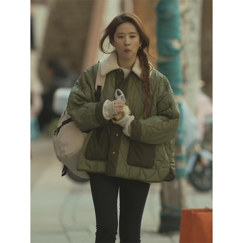 亦雯【军绿宽松棉服】刘亦菲同款女士秋冬保暖百搭冬季帽棉服外套