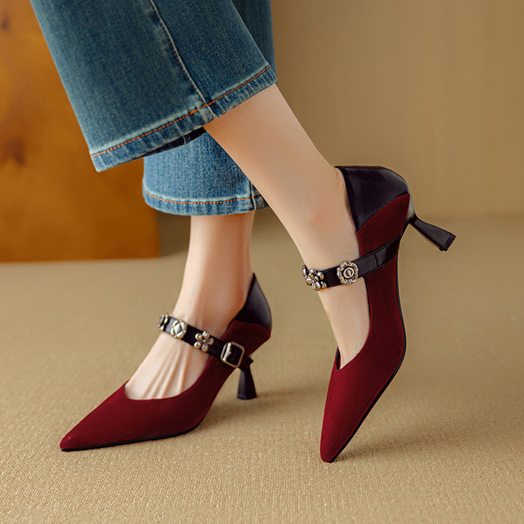 Taze/她泽2025新款酒红色坡跟羊反皮浅口尖头玛丽珍单鞋 百搭显瘦