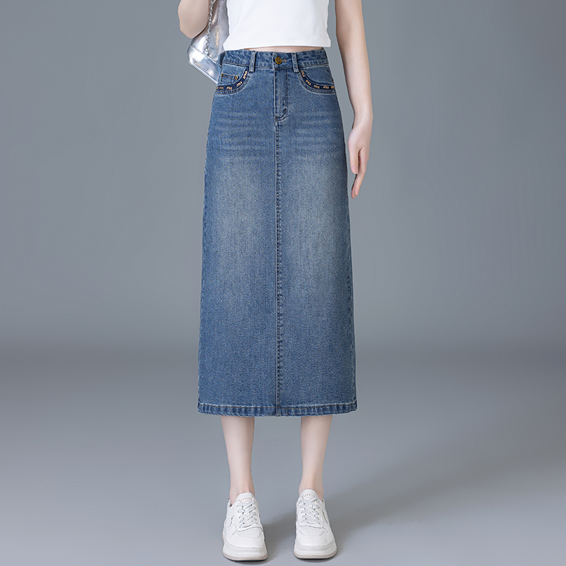 牛仔半身裙女2025春秋新款高腰显瘦a字中长裙大码后开叉一步裙子