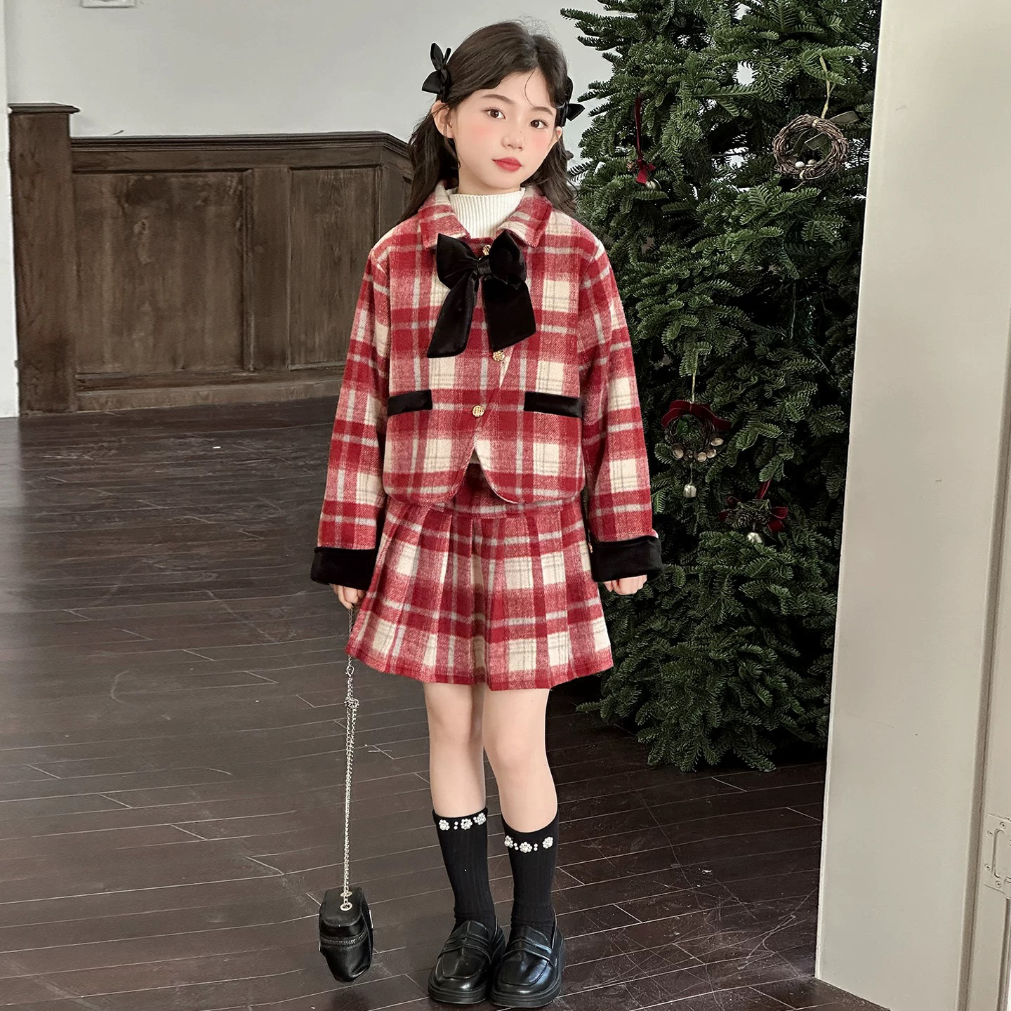 380-mochier沫弛尔女童秋季新款加厚格子小香风套装裙