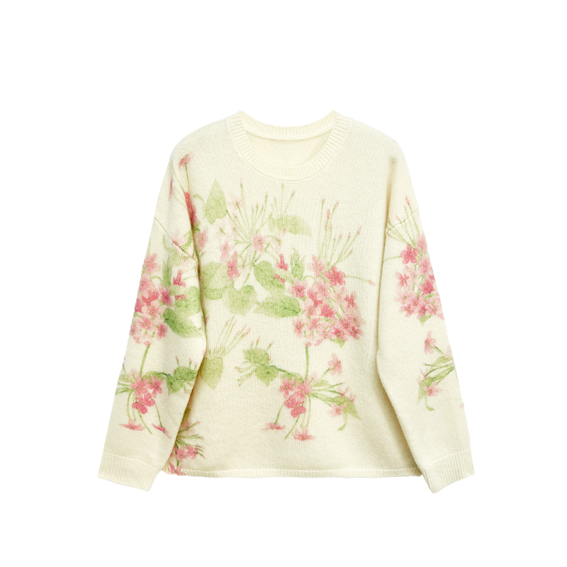 【橙庐】112520原创艺术家万芾联名使君子印花圆领落肩绵羊毛衫 女