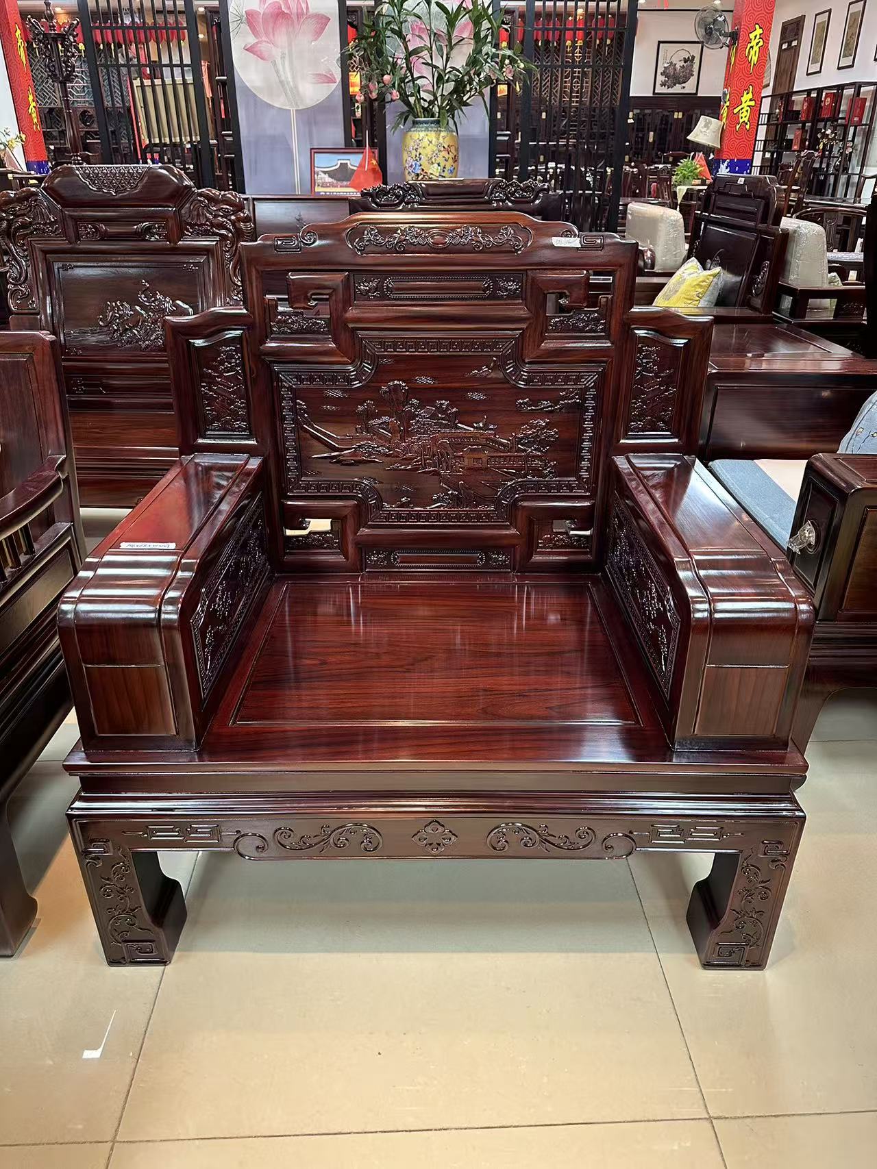 酸枝木  山水楼阁单人位尺寸长106宽68坐高41背高107