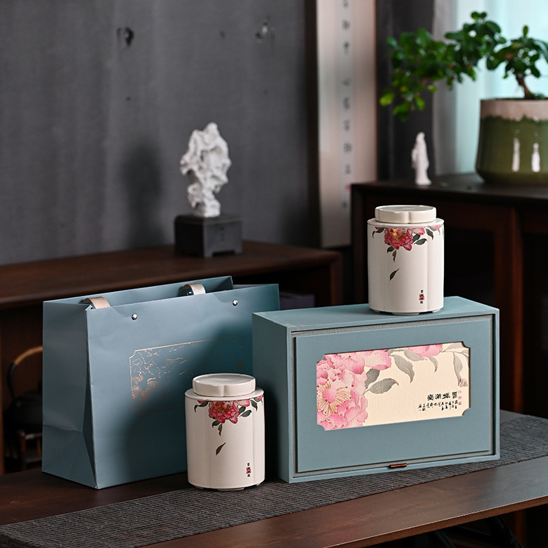 陶瓷茶叶罐草木灰半斤装普洱茶红茶礼盒包装富贵牡丹空罐收纳瓷器