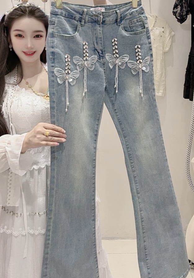 2025年夏季新款重工钉珠蝴蝶流苏微喇裤高腰显瘦喇叭裤长裤牛仔裤