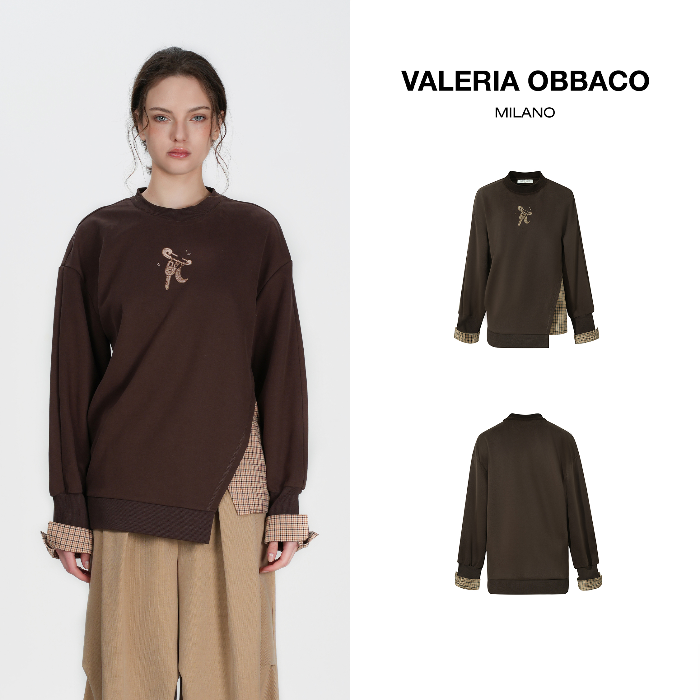VALERIAOBBACO百搭休闲上衣VO棕色格纹拼接长袖T恤