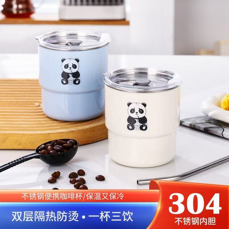 无品牌ins304熊猫不锈钢咖啡杯可爱保温杯子便携随行水杯带吸管杯