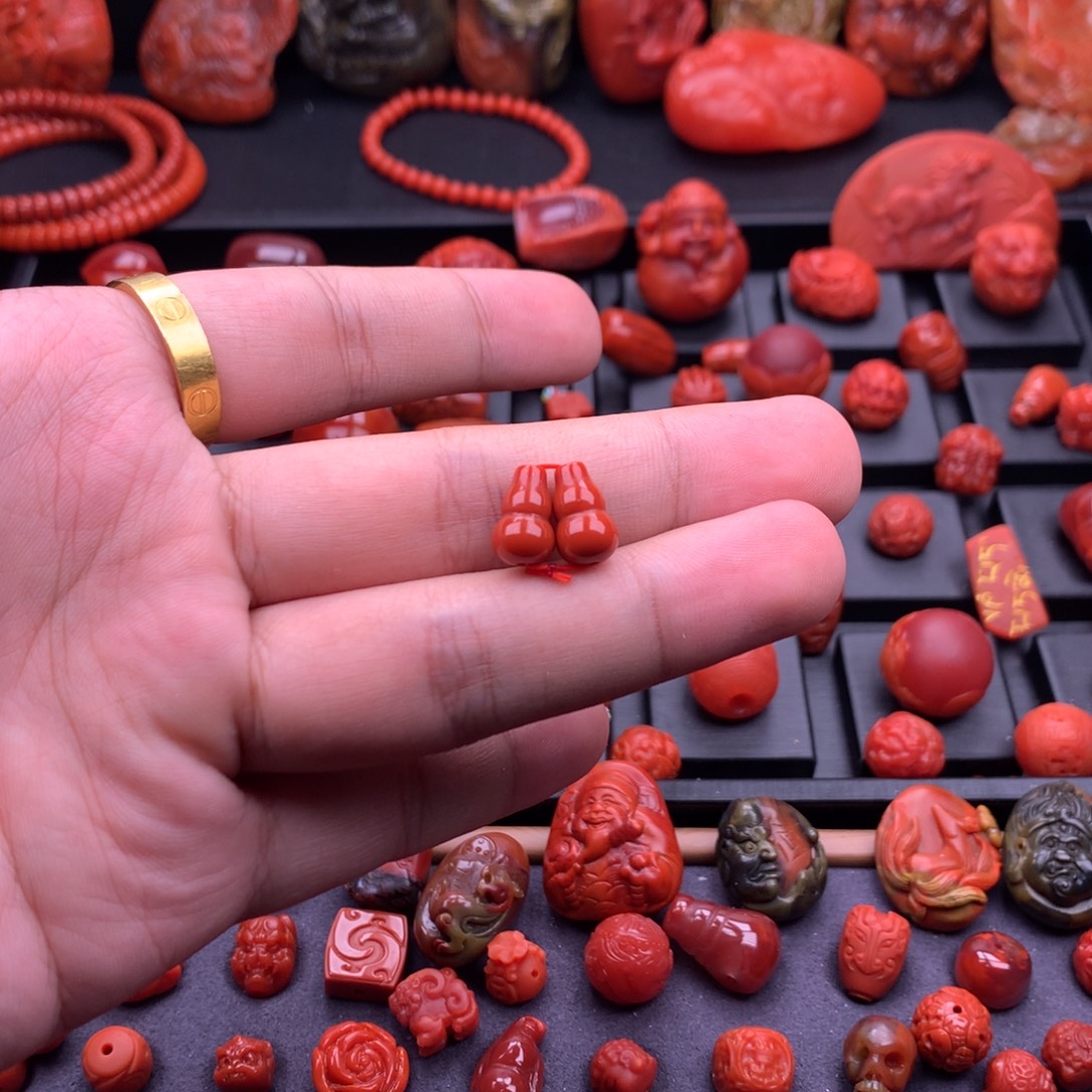 南红玛瑙未镶嵌南红原矿弟子珠对珠7.4mm