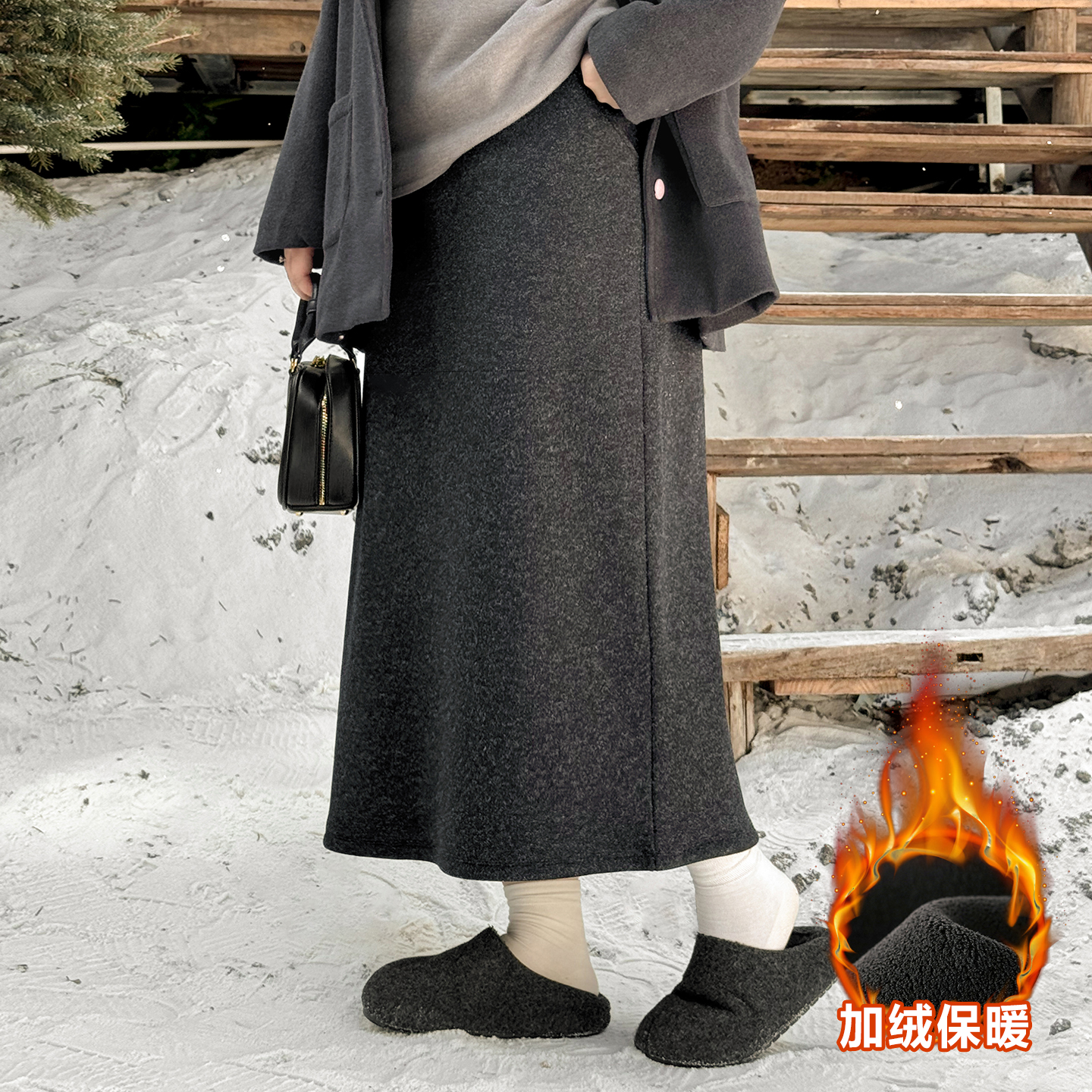 DD8698大码女装【雪境街拍】羊毛混纺半身裙胖mm高腰宽松加绒毛呢裙