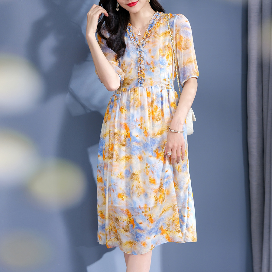 《静静心选》夏季蓝色知更鸟蓝收腰气质印花真丝连衣裙 90173