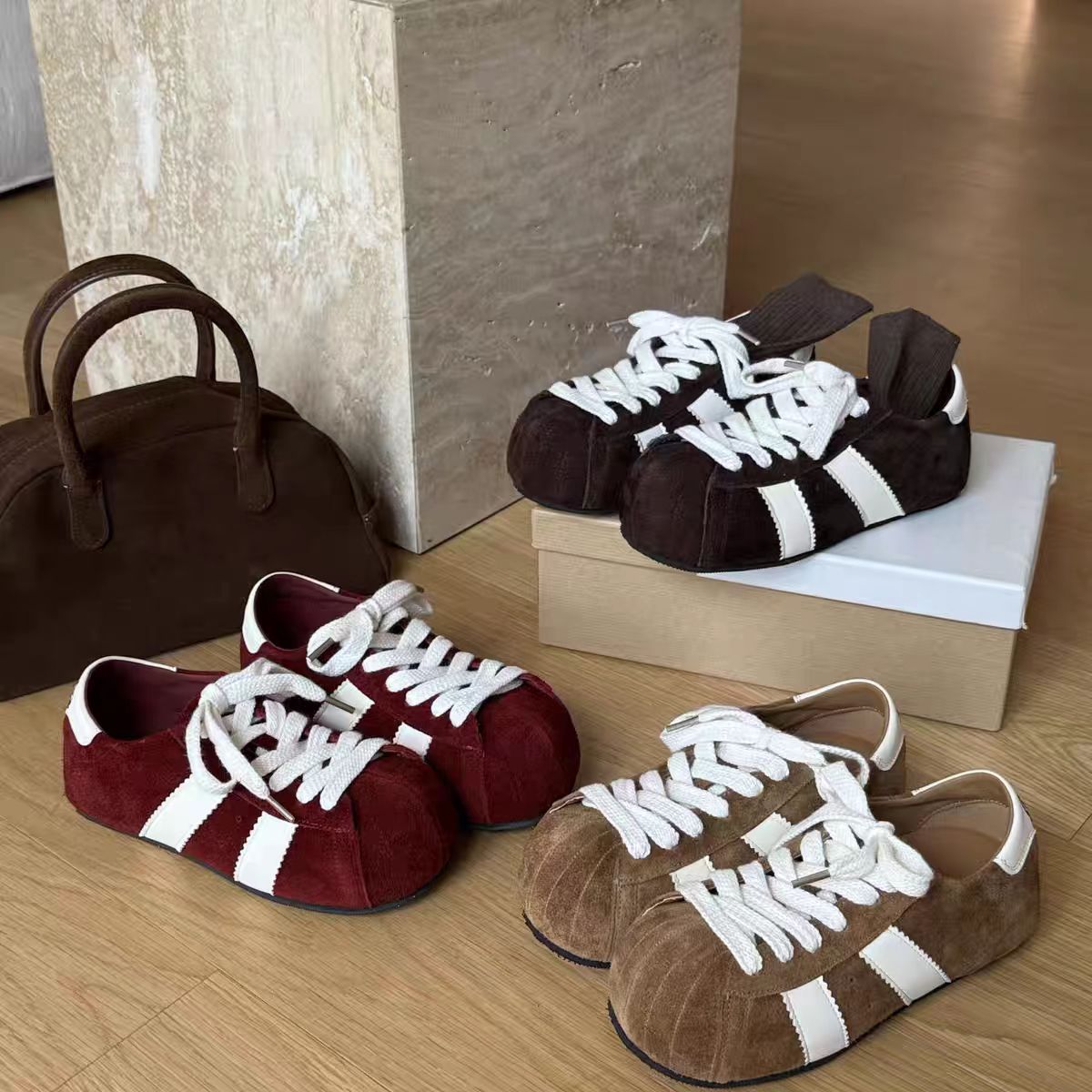 2025秋季新款复古拼色德训鞋女系带圆头休闲板鞋平底阿甘鞋