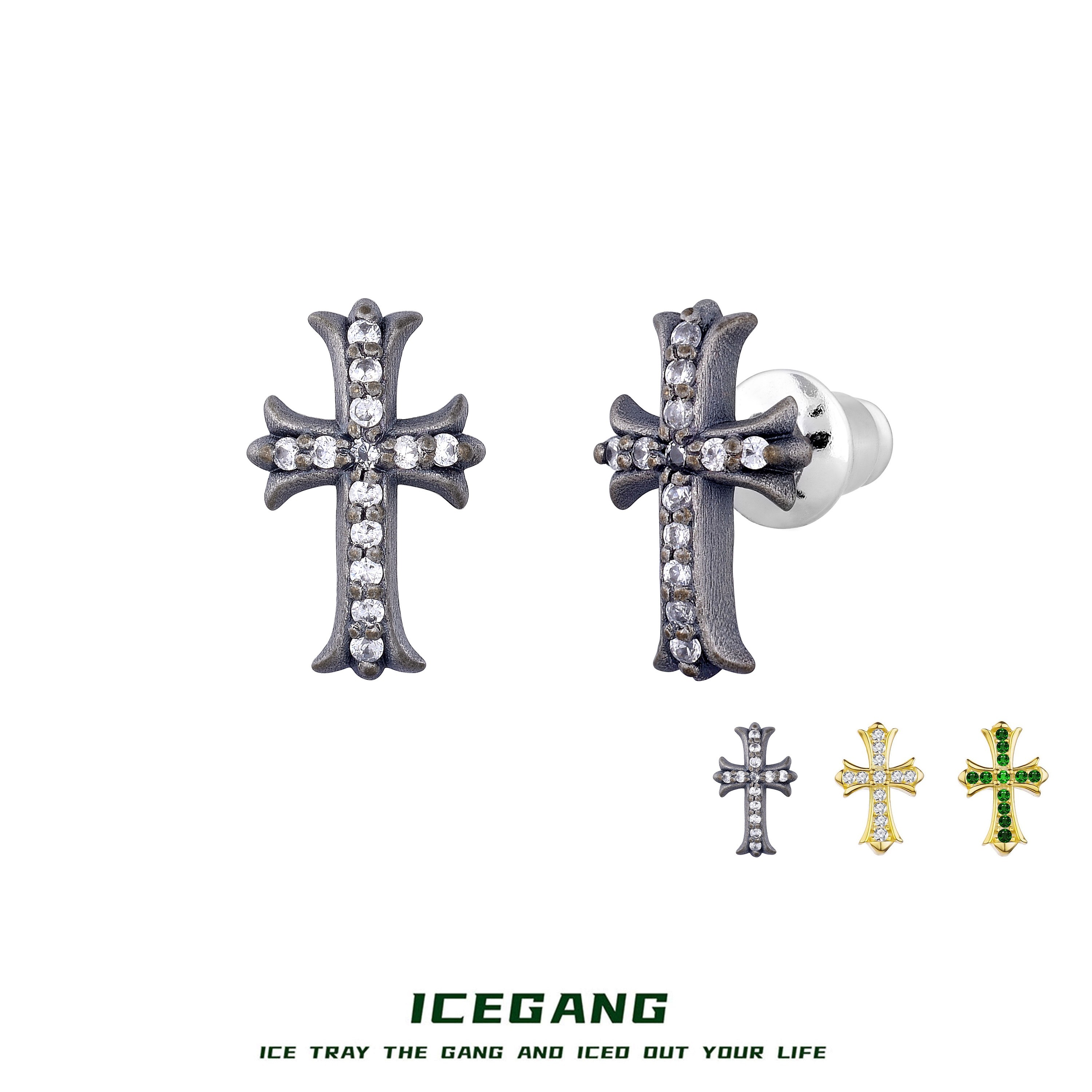 ICEGANG 铜合金莫桑石耳饰 925银针做旧莫桑石长十字架耳钉复古