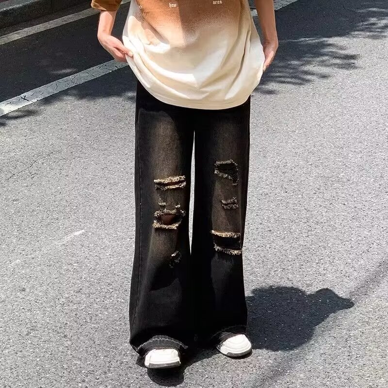 8232个性破洞牛仔裤男女宽松直筒裤子高街vibe潮牌痞帅长裤