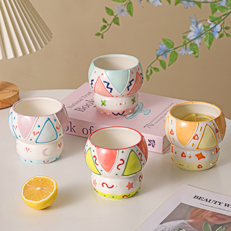 手绘浮雕陶瓷家用陶瓷杯水杯创意手握杯大容量马克杯牛奶杯早餐杯
