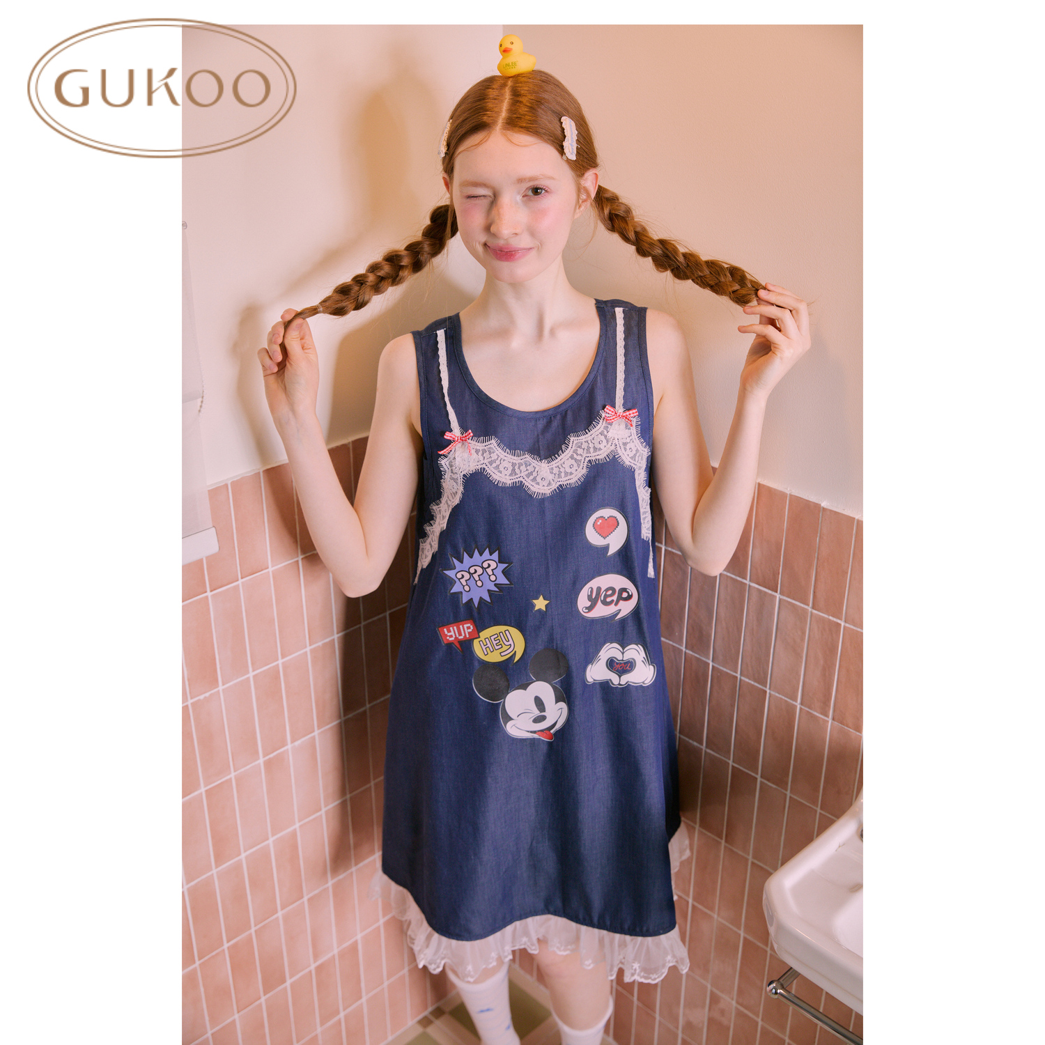 Gukoo/果壳女夏季米奇卡通蕾丝印花纯棉可爱风睡裙家居服可外穿
