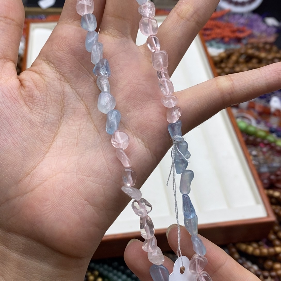 未镶嵌玛瑙/玉髓珠宝半成品一条纯天然粉水晶拼海蓝宝6-8mm