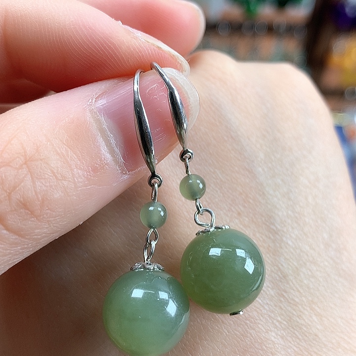 和田玉银S925镶嵌耳饰12左右晴水绿