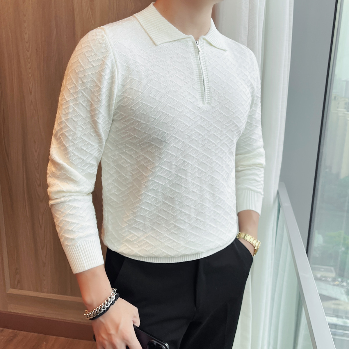 半拉链厚款polo长袖针织衫男英伦风帅气菱形格子翻领毛衣打底衫潮