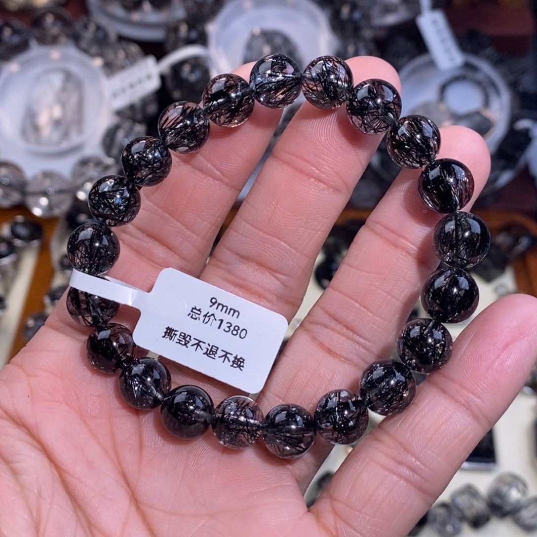 手链未镶嵌水晶黑发晶全透体满发烟花蕾丝9mm黑爆闪